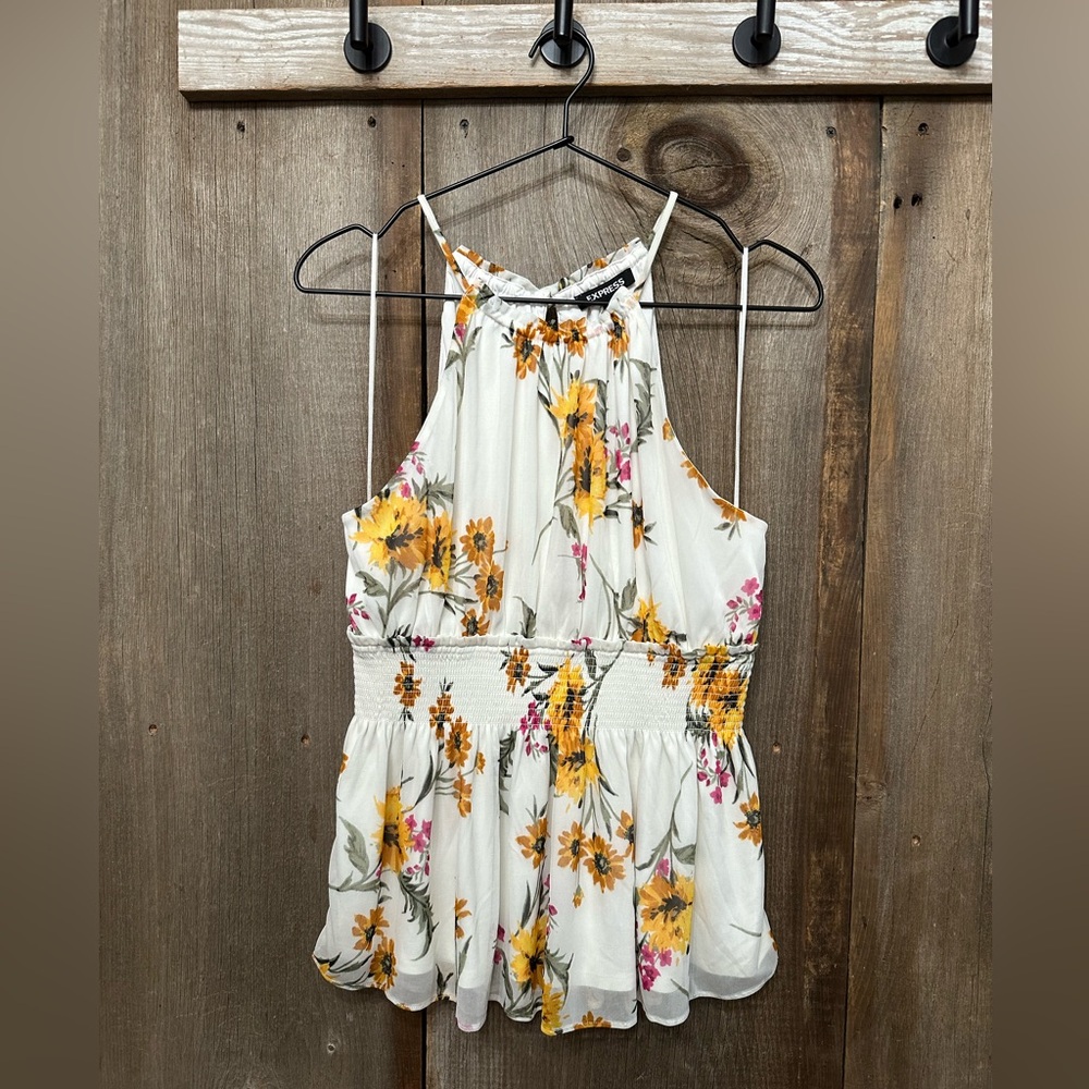 Express Floral Print Smocked Waist Peplum Style Halter Cami Tank White Medium